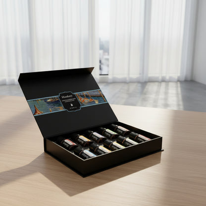 Set of essential oil bottles in a Hankey Aromatherapy box with dimensions and weight information.