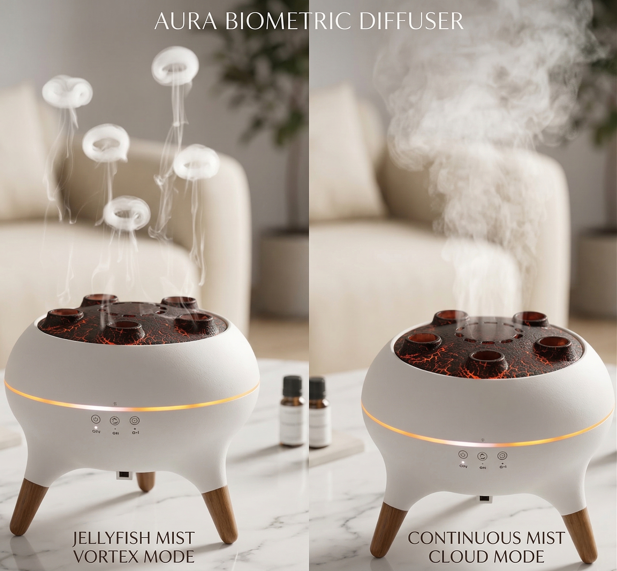 Aura biometric diffuser with 'Jellyfish Mist Vortex Mode' and 'Continuous Mist Cloud Mode' on a marble surface.