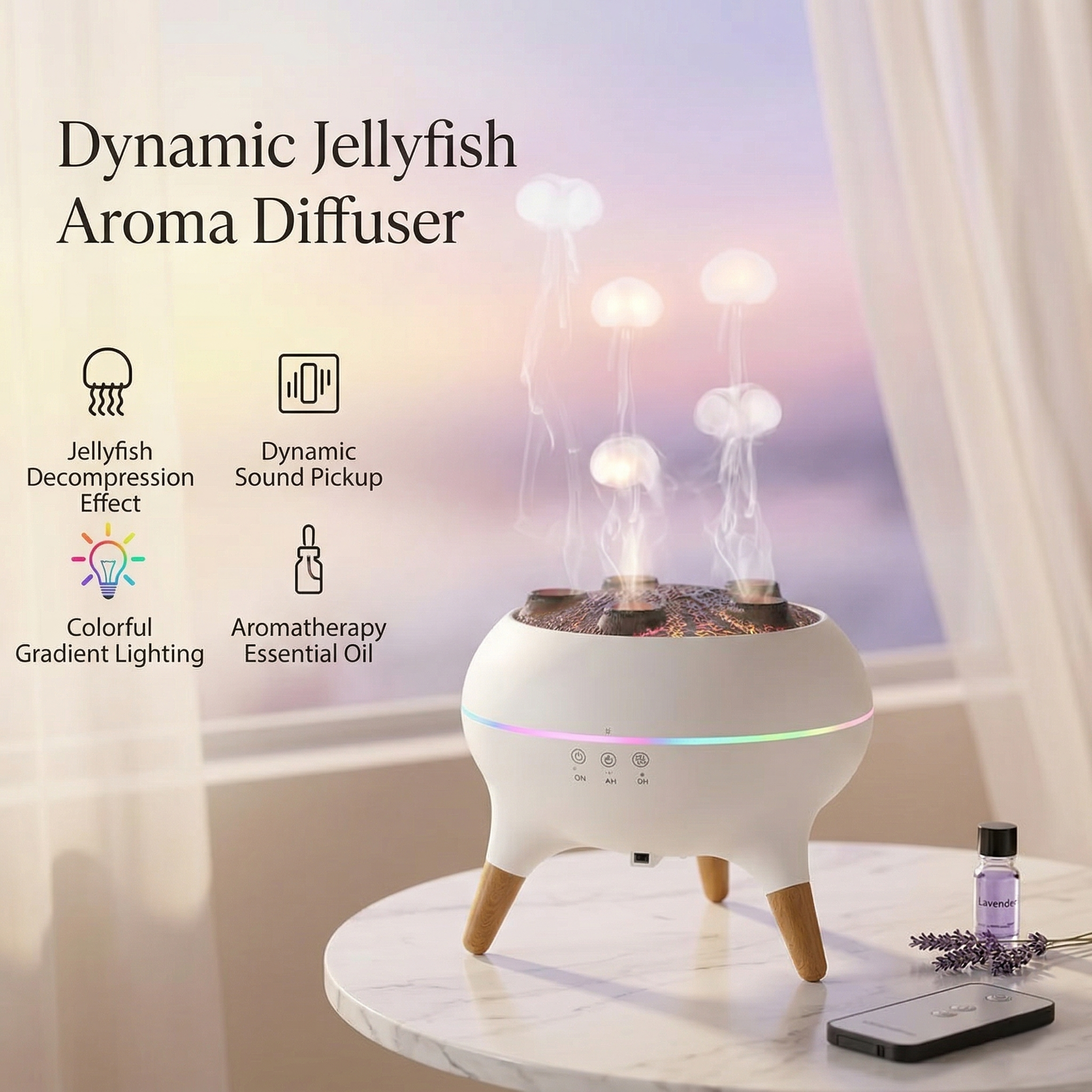 Dynamic Jellyfish Aroma Diffuser on a table with colorful lighting effects