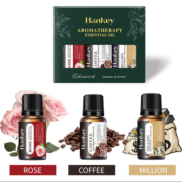 Hankey aromatherapy essential oil set with three bottles labeled Rose, Coffee, and Million, displayed against a white background.